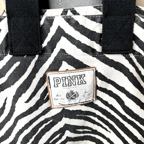 PINK By Victoria's Secret Tote Bag Zebra Striped Black White Animal Print Canvas - Picture 3 of 9